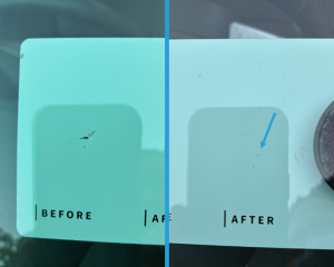 The damaged area shown before and after repair