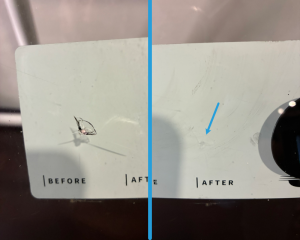 The damaged area shown before and after repair